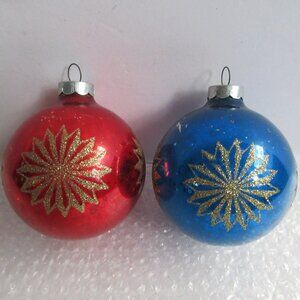 2 Glass Ball Christmas Ornaments Red & Blue Gold Glitter Snowflake Stencil Vtg